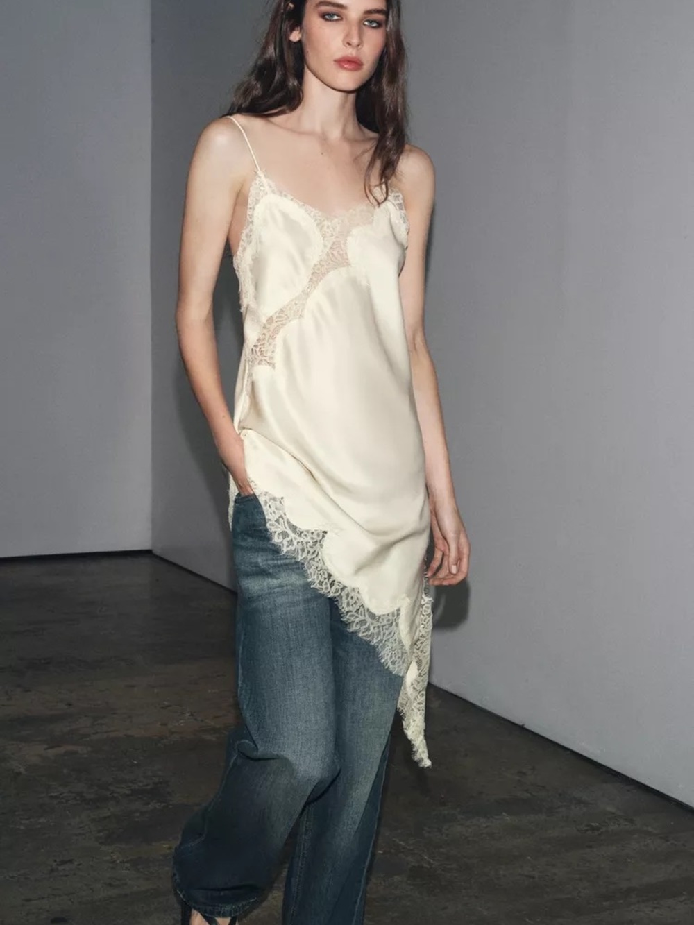 NWT Zara ZW Collection Asymmetric Silk Lace Trim Dress